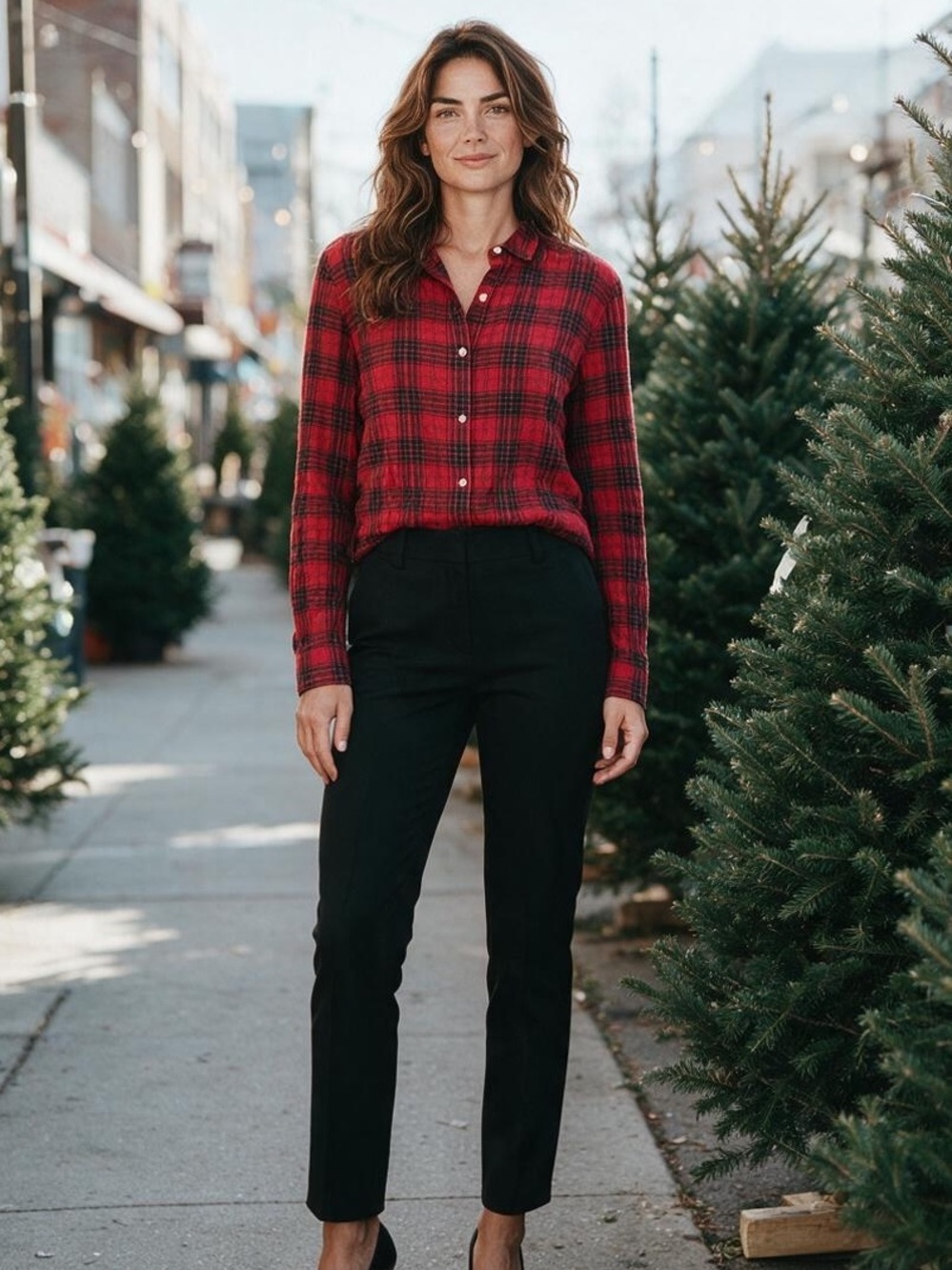 J.MCLAUGHLIN RED TARTAN PLAID BUTTON FRONT SHIRT CRINKLE FABRIC MEDIUM HOLIDAY